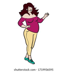 Vector drawing of a curvy fat woman with yellow leggings and a pink top. body positivity, comic, whole body.