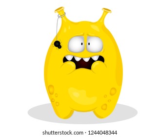 Vector drawing of a cute alien with emotion of shock from a spider