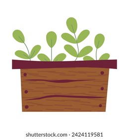 Vector drawing of cute box with seedlings. Healthy grass in wooden box. Vector illustration. Gardening, plants. Colored illustration. Cartoon design for poster, icon, card, logo, label