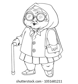 Vector drawing of cute cartoon old lady with walking stick