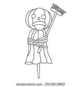 Vector drawing. Cute character, garden scarecrow with pumpkin head. Halloween coloring book