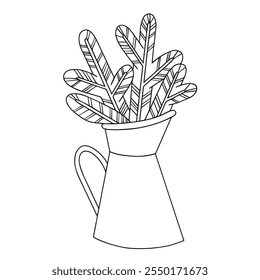 Vector drawing, cute Christmas bouquet, composition of fir branches in vintage jug. Coloring book