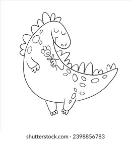 Vector drawing a cute dinosaur with a flower. Colorful hand drawn cartoon style. illustration of dinosaurs isolated on background