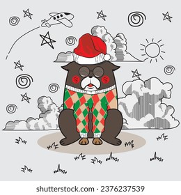 vector drawing cute fat dog With the most beautiful Christmas outfits and cute hand-drawn backgrounds.