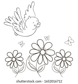 Vector drawing of a cute flying bird over a chamomile field, butterflies, outline drawing isolated on white background. Coloring, printing for children.