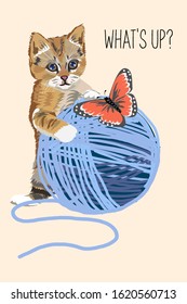 Vector drawing of a cute kitten who meets a butterfly.