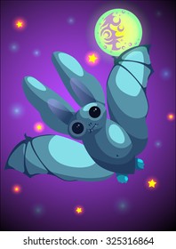 Vector drawing of a cute little bat character flying in a night sky among sparkling stars and huge greenish moon . Halloween scary creature with wings, long ears and black eyes.
