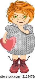 dibujo vectorial de una linda niña en un suéter de punto con el corazón en las manos
