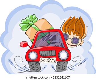 dibujo vectorial de un lindo hombrecito con gafas de sol en un auto con una tapa abierta y una gran caja de regalo con un arco