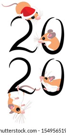 Vector drawing of cute mice - characters of the year with numbers 2020. Isolated objects on a white background. Can be used as a postcard, congratulation, for web page or print.