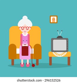 Vector drawing of a cute modern vector design, knits grandmother sitting in a chair