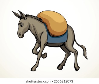 Vector drawing. Cute old mule