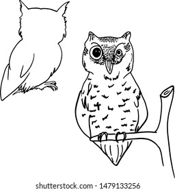 Vector drawing of cute owls on a liner branch. Vector black and white owl pattern for t-shirts, wallpapers and children's rooms