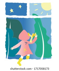 Vector drawing. Cute poster, card or cover with a magical illustration. Girl in a pink cloak and green nature.