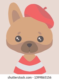 Vector drawing of cute simple brown cartoon style French Bulldog dog with red and white striped shirt and round beret hat covering one ear