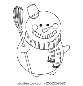 Vector drawing cute snowman character. Coloring book in doodle style for christmas, new year