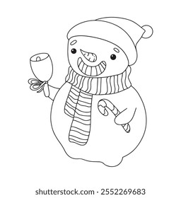 Vector drawing cute snowman character. Coloring book in doodle style for christmas, new year