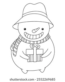 Vector dibujando lindo personaje de muñeco de nieve. Libro para colorear en estilo doodle para la Navidad, año nuevo