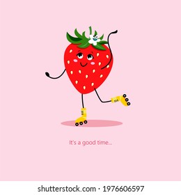Vector drawing of a cute strawberry on rollers. Summer illustration in cartoon style.