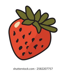 A vector drawing of a cute strawberry, showcasing its vibrant red color with detailed seeds and a green leafy top. 