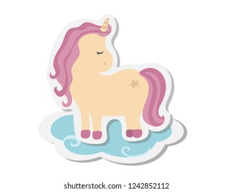 Vector drawing of a cute unicorn shaped sticker on pink background