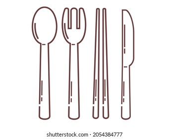 vector drawing of cutlery in a line composition consisting of a spoon, fork, knife and chopsticks