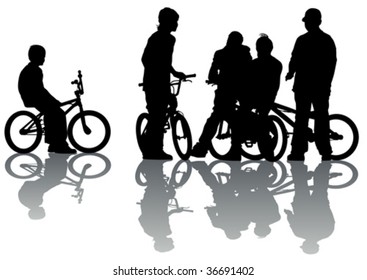Vector drawing cyclists group teen. Silhouette on white background