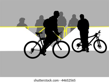 Vector drawing of cyclists and spectators at the fence