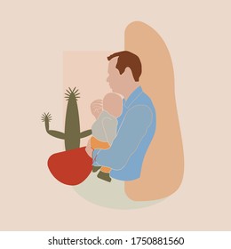 vector drawing dad holding his son in his arms, minimalism picture