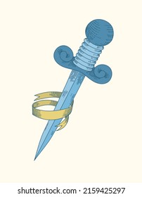 Vector drawing - a dagger with a ribbon.	
