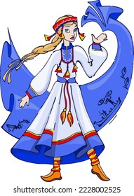 vector drawing of a dancing Sami girl on a white background