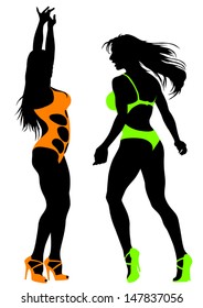 Dibujo vectorial de mujeres bailando en bikinis. La liberación de propiedades está adjunta al archivo