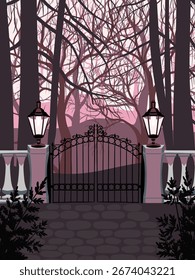 Vektorgrafik dunkle gotische Gartenlandschaft mit Bäumen, Laternen und Zaun, handgezeichnet