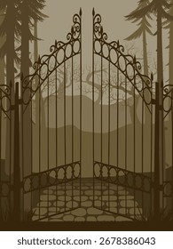 vector drawing dark gothic garden landscape with trees, gate and fence, hand drawn illustration