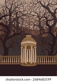vector drawing dark gothic garden landscape with trees, rotunda and fence, hand drawn illustration