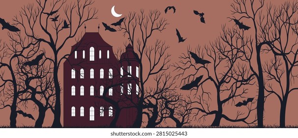 vector drawing dark gothic landscape with mansion, trees silhouettes, moon and flying bats, Halloween background , hand drawn illustration