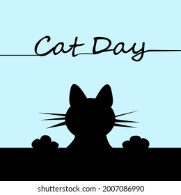 Vector drawing for the day of cats on August 8. A silhouette cat looks out from the bottom of the picture. Black and blue. Print for postcard, poster, flyer. 
