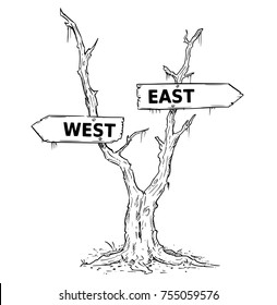 Vector drawing of dead swamp or desert tree with west or east business decision arrow signs. 