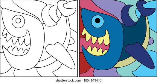 Vector drawing of decorative fish. Linear, contour image for coloring and a sample in color. A book for children's creativity.