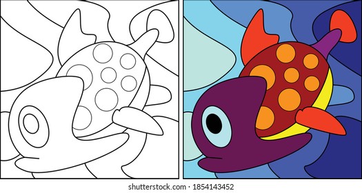 Vector drawing of decorative fish. Linear, contour image for coloring and a sample in color. A book for children's creativity.