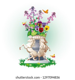 Vector drawing decorative garden flower pot with sculptures of horses with flowers pansies