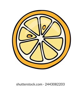 Dibujo vectorial. Imagen decorativa. Rodaja de limón cortada, amarilla, con semillas