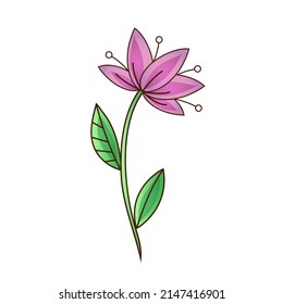 Vector drawing of a decorative lily flower with stamens and leaf. Vector flat illustration.  Icon, sticker.  Cartoon illustration. 