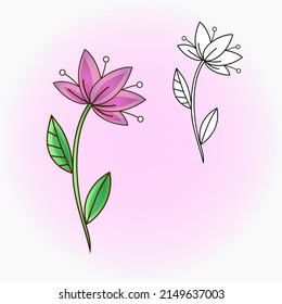 Vector drawing of a decorative lily flower with stamens and leaf. Vector flat illustration.  Icon, sticker.  Cartoon illustration. Coloring page. 