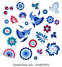 vector drawing with a decorative pattern depicting two fairy-tale birds and geometric flowers in blue, blue and burgundy