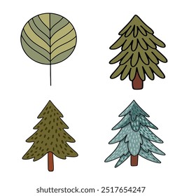 Vector drawing of a decorative set of funny coniferous and deciduous trees. Cute baby illustration isolated on white background