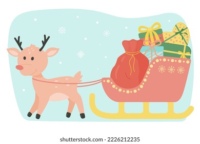 Vector drawing of a deer and Santa Claus's sleigh carrying gifts. Isolated on a white background.
