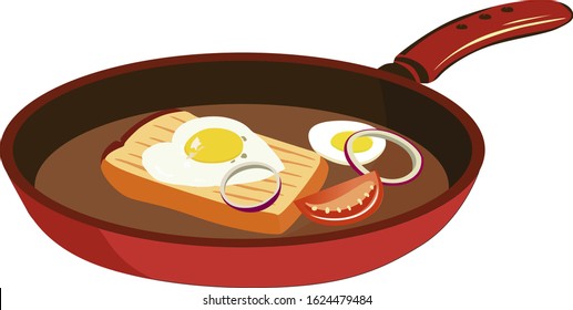 Vector drawing, a delicious hearty breakfast in a pan: a crispy slice of bread with a fried egg, rings of red onion, a slice of red tomato, half a boiled egg