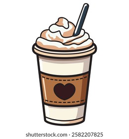 A vector drawing of a delicious milkshake served in a plastic cup with a cute heart drawing on it. 