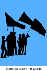 Vector drawing demonstrator. The crowd with flags